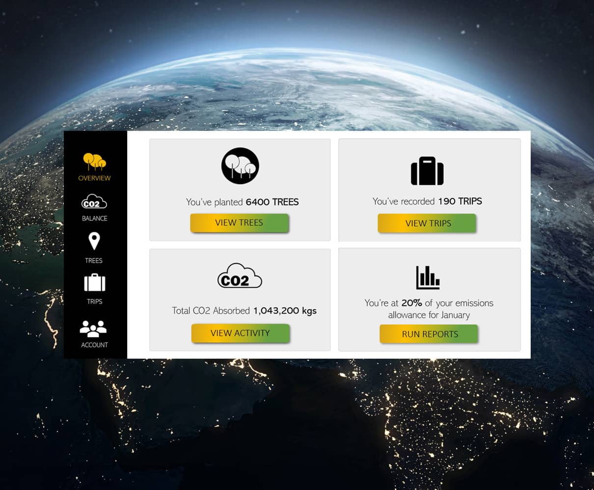 travelsustainably-dashboard Trees4Travel dashboard image overlay onto photo of earth at night from space